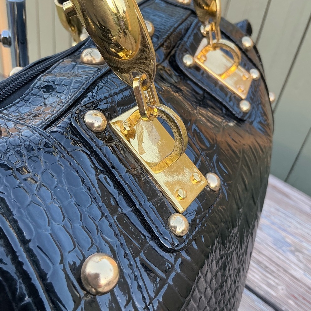 Vintage Calla 90’s Snake Pattern Patent Studded Faux Purse Black Satchel Hand Bg - Picture 7 of 15